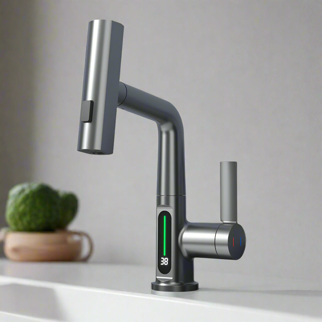 Sip & Store Smart Digital Faucet – LED Temperature Display, 360° Swivel, Pull-Out Spray (For Kitchen & Bath)