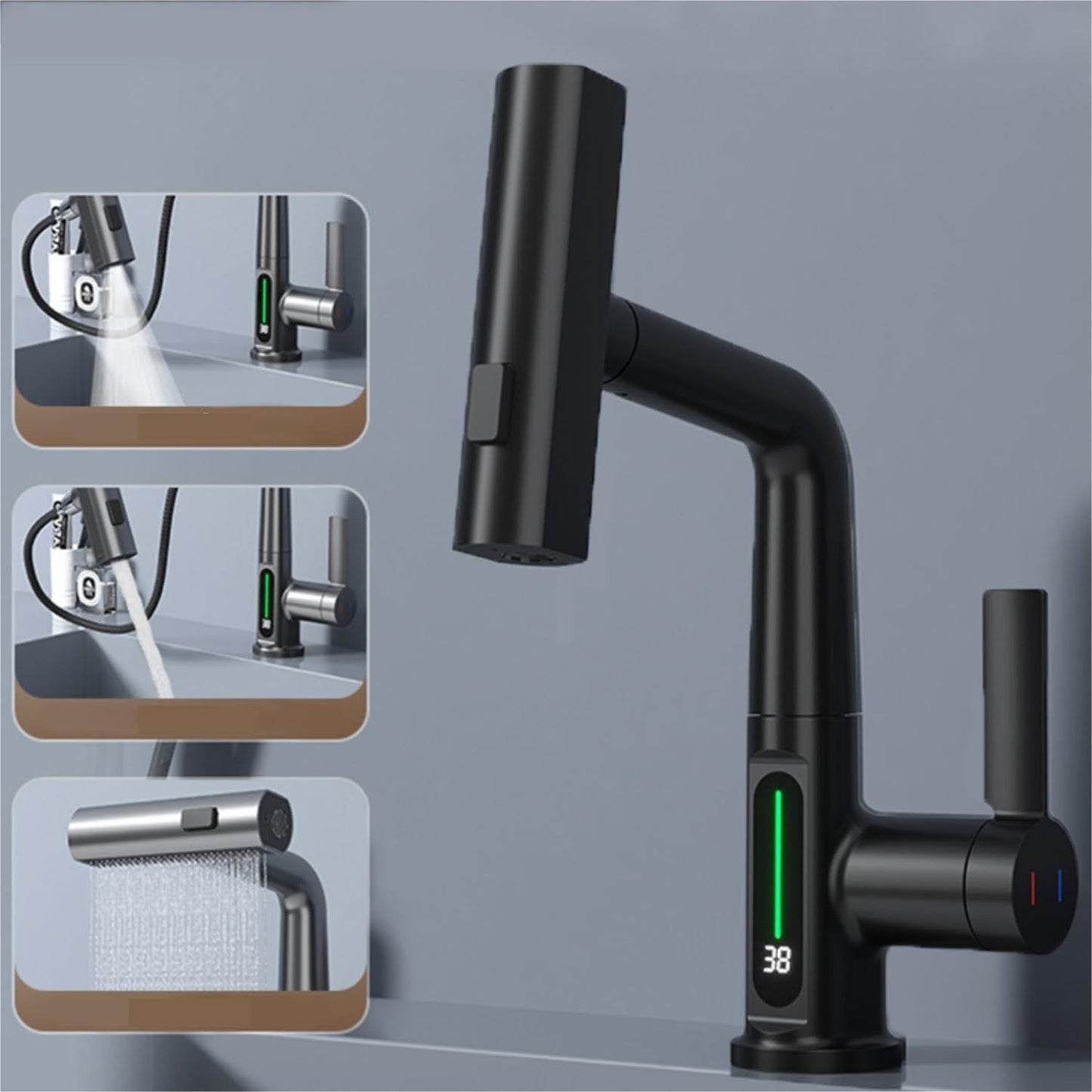 Sip & Store Smart Digital Faucet – LED Temperature Display, 360° Swivel, Pull-Out Spray (For Kitchen & Bath)
