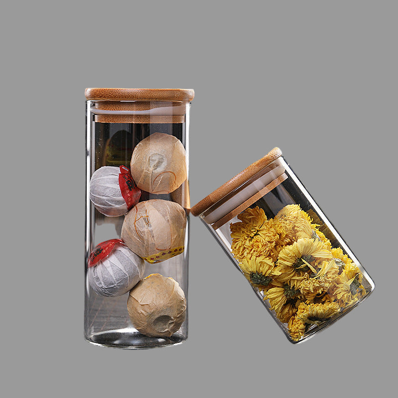 Tarro de Cocina para Almacenamiento de Alimentos Redondo de Vidrio Borosilicato Alto con Tapa de Bambú